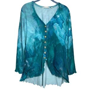 Soft Surroundings Mariposa Long Sleeve V-Neck Top blue watercolor art to wear